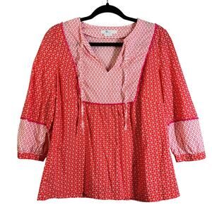 BODEN Blouse 10‎ Cora Happy Mosaic Peasant Boho Cotton Contrasting Print Anthro